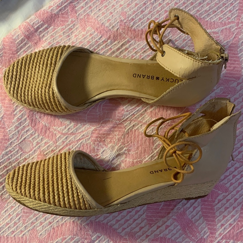 LUCKY BRAND 9.5 WOMEN TALIANNA ESPADRILLE STRAW ZIP/TIE LOW CUTE WEDGES-GOOD CON